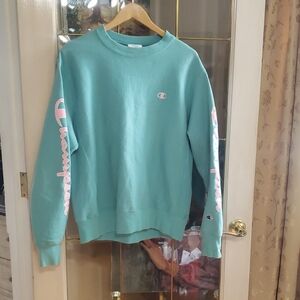 Vintage Champion Reverse Weave Faded Teal Pink Spelled Out Sweatshirt Size M